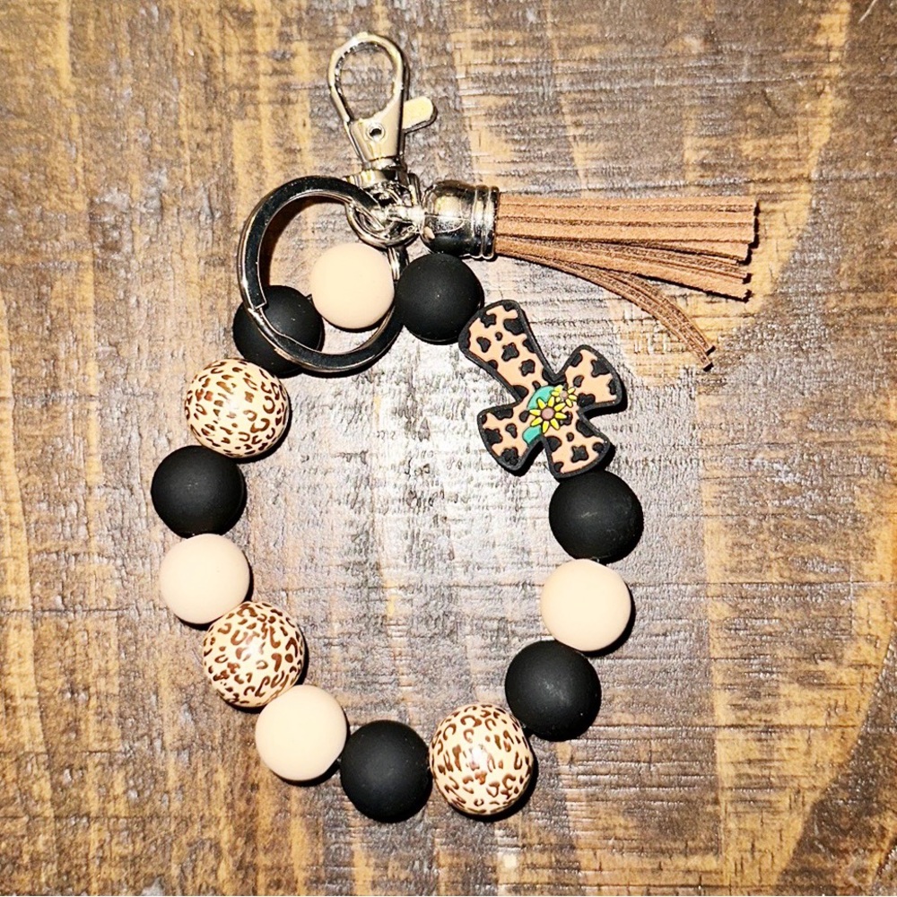 Tassel Cross and Beads Purse Charm Wrist Bracelet Keychain NWT